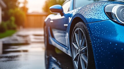 Water Drops Beaded On Metallic Blue Car Paint, Showcasing Hydrophobic Surface After Rain Shower