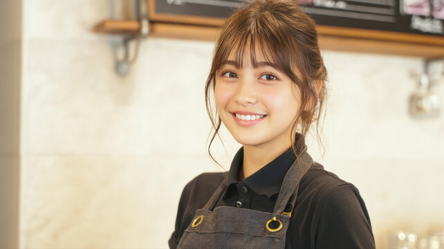 A professional graphic showing smiling cafe worker in apron at counter, ideal for creative, commercial, or editorial purposes.
