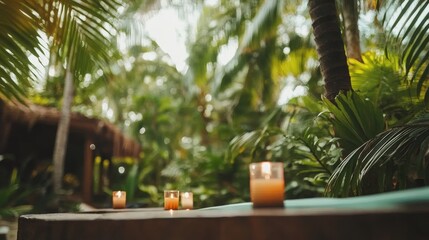 Obraz premium Tranquil Ambiance with Lit Candles on Wooden Table Amidst Lush Tropical Scenery in Blurred Perspective