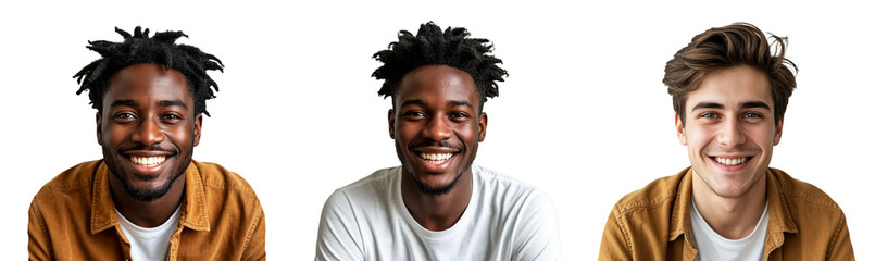 Obraz premium Three guys white and black races on transparent background. Generated by AI.