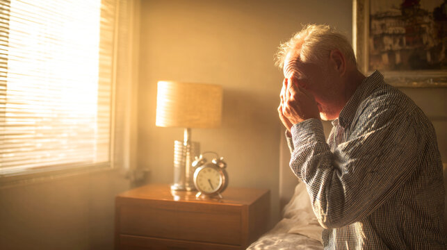 Elderly caucasian man sitting by window in morning light