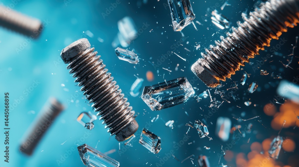 Poster abstract composition of metallic screws and shards in motion