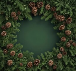 Fototapeta premium Deep green fir boughs and textured pine cones create a lush Christmas frame , evergreen, design, texture