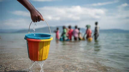 African child carrying colorful bucket by lake with group of children in background