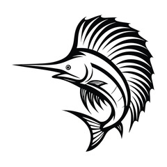 Silhouette of a Black Marlin Fish with Distinctive Bill and Fin Isolated on White