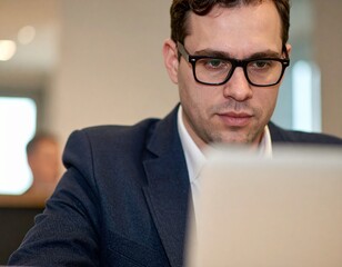 Detailed close-up of a business professional in glasses and blazer using laptop at desk, corporate setting with soft background blur
