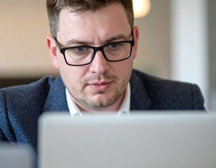 Detailed close-up of a business professional in glasses and blazer using laptop at desk, corporate setting with soft background blur