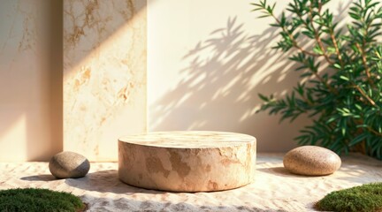 Natural stone surface with ceramic display and calm ambiance