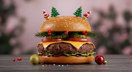 クリスマス風ハンバーガー 暖色系照明 食欲をそそる