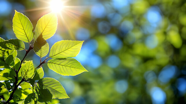 Sunlit Leaves with Veins Detail Against Bokeh Background