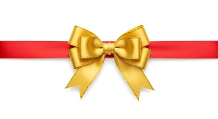 Red Ribbon with Gold Bow - Festive Decoration, Isolated