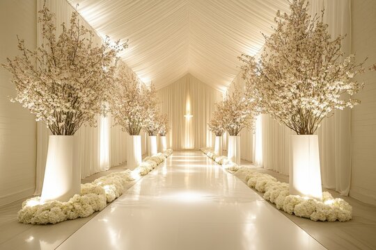 Elegant white wedding ceremony aisle adorned with blossoms.