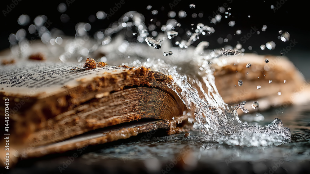Poster open book with water splashing on pages capturing natural elements