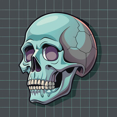 A detailed, three-quarter view of a human skull against a gray grid background.