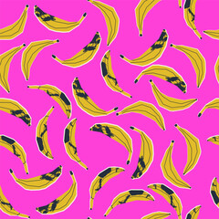 Colorful seamless pattern with bananas . Vector bright  pink background, print, wrapping paper