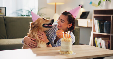 Birthday, candles and woman with cake for dog for celebration, surprise and party together. Animal, pet owner and person with Golden Retriever with dessert or treats for adoption, love and bonding © Azee/peopleimages.com