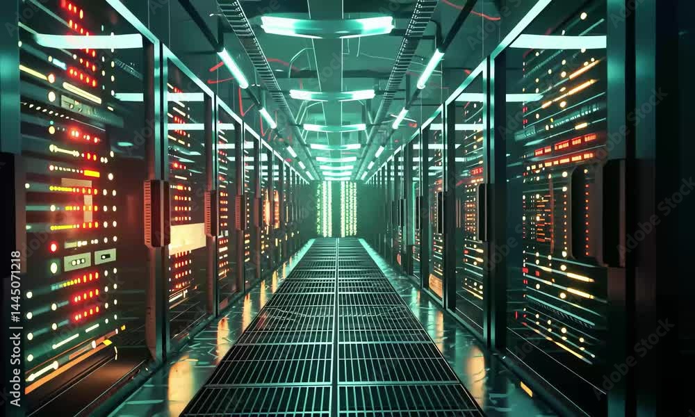 Poster The view highlights a modern data center with rows of illuminated servers and vibrant lights, emphasizing the high-tech environment and sophisticated digital operations occurring within.