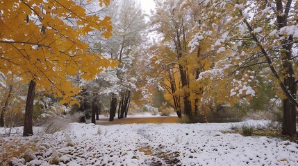 First autumn snowfall dusts golden aspen groves creating a striking contrast between yellow leaves and white powder