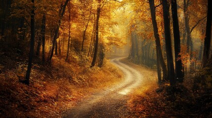 A winding forest path, where the golden autumn leaves swirl in the wind
