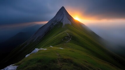 Fototapeta premium Majestic mountain peak bathed in golden sunset light. Misty valley below