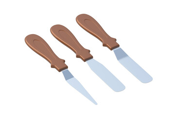 Set of cake decorating spatulas isolated on white background. Confectionery tool. Professional equipment. 3d rendering