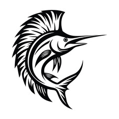 Black and White Marlin Fish with Intricate Patterns, Sharp Details, on White Background