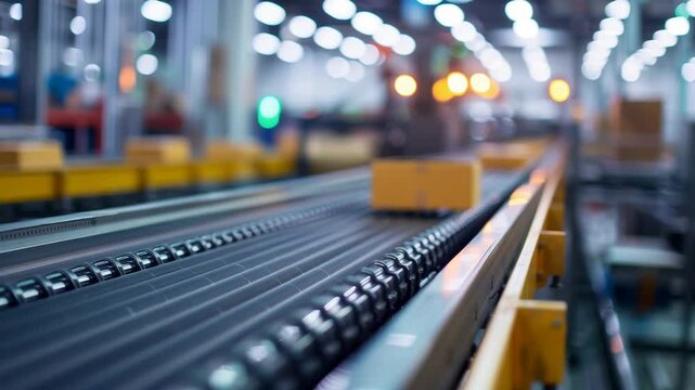 Cardboard packages moving on conveyor belt in logistics warehouse with blurred industrial background.