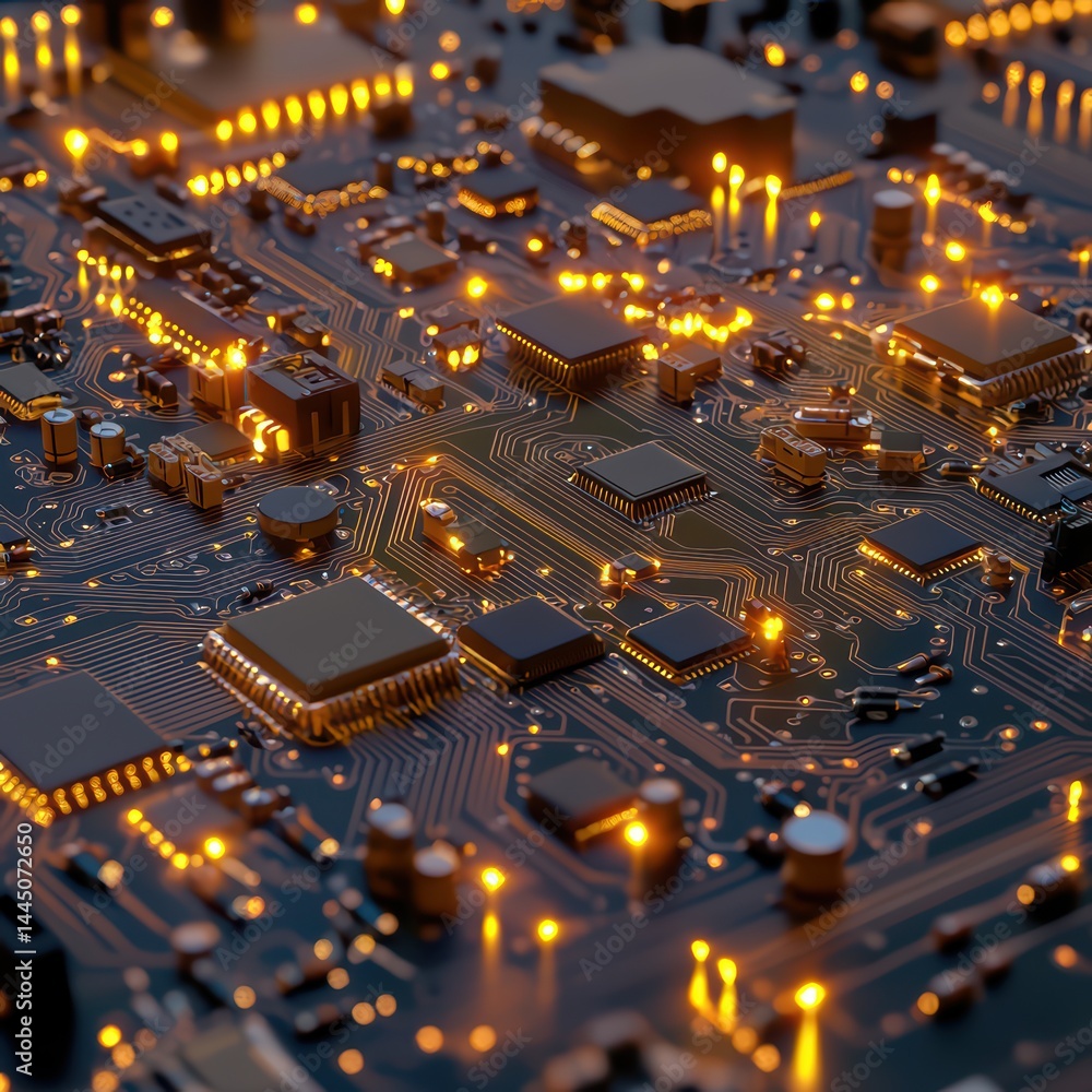 Aufkleber close-up view of a technology circuit board with glowing components