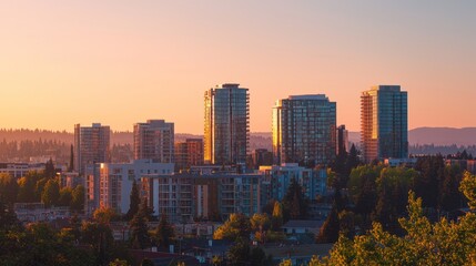 Obraz premium Tall buildings in the city during a beautiful sunset