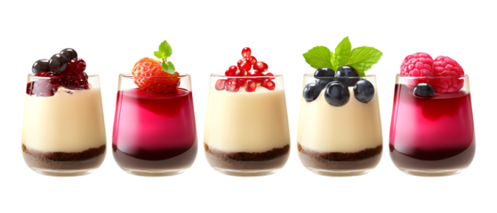 Pack of Panna Cotta in Five Different Poses Against Transparent Background for Dessert Branding, Culinary Promotion, or Italian Food Design Projects