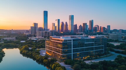 Fototapeta premium A beautiful cityscape featuring several tall glass modern buildings