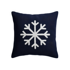 Cozy decorative square pillow with navy blue fabric and large white snowflake pattern for winter holiday decor and seasonal home accents on transparent background