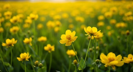 Fototapeta premium 黄金色の花畑 夕日輝く 穏やか風景