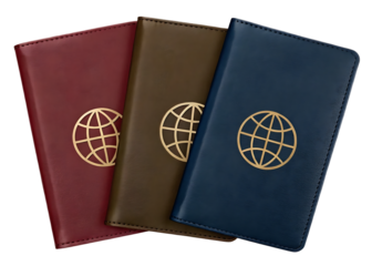 Three Different Colored Passport Covers with Global Symbol PNG Image and transparent background