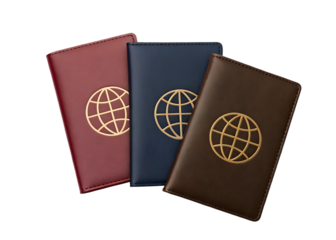 Three Colorful Leather Passports with Global Symbol PNG Image and transparent background