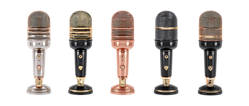 Pack of Microphone in Five Different Poses Against Transparent Background for Audio Branding, Music Promotion, or Podcast Design Projects