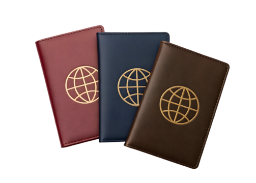 Three Colorful Leather Passports with Global Symbol PNG Image and transparent background