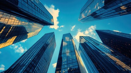 A view up at towering modern skyscrapers against a vibrant blue sky.