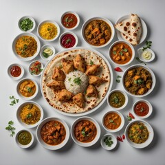 “Assorted Indian food including biryani, naan, curry, samosas, and chutneys, beautifully arranged on elegant white dishes with a clean, pure white background, top-down view, high resolution, vibrant c