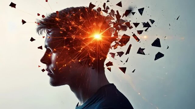 Psychological distress visualized through young man's profile experiencing mind blowing mental breakdown, symbolizing overwhelming stress and inner struggle against white backdrop
