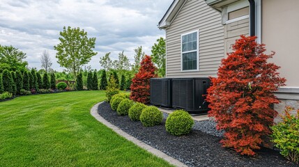 Obraz premium Suburban backyard with two large AC units beside a home, gravel pad, and surrounding bushes