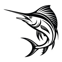 Striking Black and White Marlin Silhouette with Sharp Bill & Detailed Fins Design