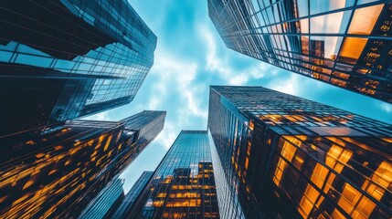 A low-angle view of towering skyscrapers against a vibrant blue sky.