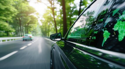 Obraz premium High-Tech Dashboard Display in Modern Car on Scenic Forest Road