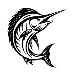 Monochrome Leaping Marlin with Sharp Bill and Detailed Fins Design