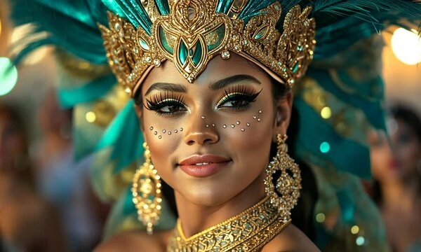 Afro american woman in green and gold traditional dress and ornate jewelry. Concept of royal elegance and cultural beauty