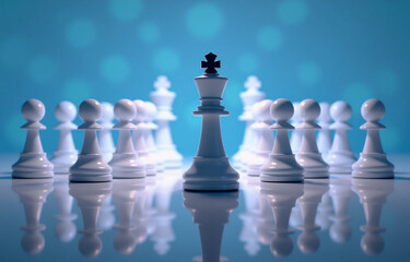 Fototapeta premium A single black chess king stands prominently before a line of white pawns, reflecting on a shiny surface against a soft blue background. This image symbolizes leadership, strategy, and dominance.