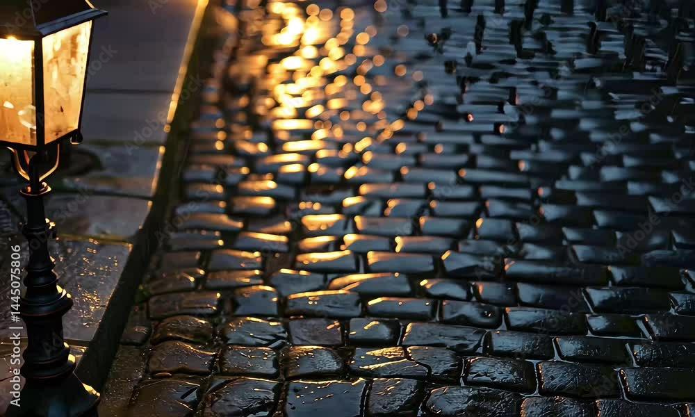 Aufkleber a soft glow from a lantern brightens the wet cobblestones, creating reflections as rainwater collect