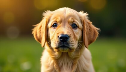 Golden Retriever puppy stares intently at viewer, pet, adorable