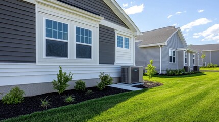Two outdoor condenser units beside a modern home, clean white siding and trimmed grass